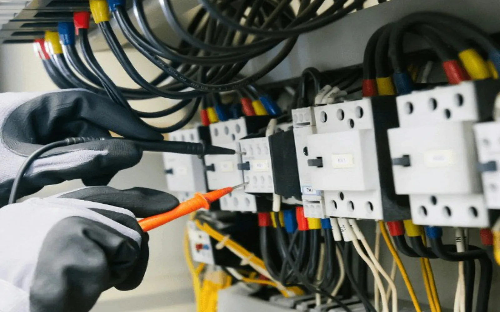 Técnico comprobando un cuadro eléctrico con puntas de medición